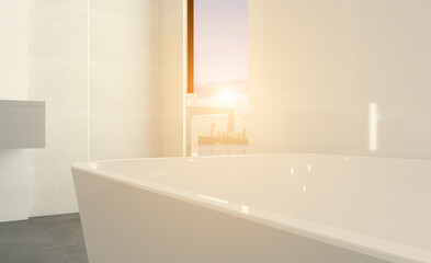 Modern bathroom including bath and sink. 3D rendering.. Sunset.