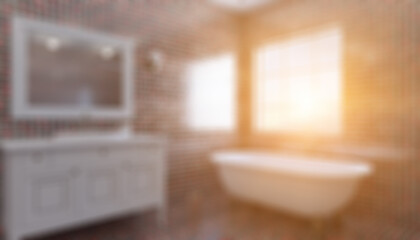 Bokeh blurred phototography. Bathroom interior bathtub. 3D rendering.. Sunset.