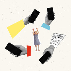 Contemporary art collage. Conceptual image with little shouting girl, child surrounded by many...