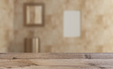Scandinavian bathroom, classic  vintage interior design. 3D rend. Background with empty wooden table. Flooring.
