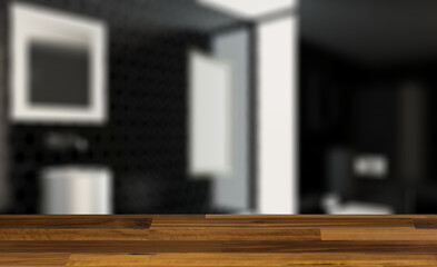 Fototapeta na wymiar Scandinavian bathroom, classic vintage interior design. 3D rend. Background with empty wooden table. Flooring.