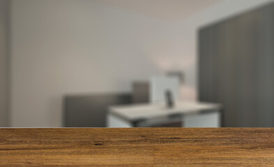 Elegant office interior. Mixed media. 3D rendering.. Background with empty wooden table. Flooring.