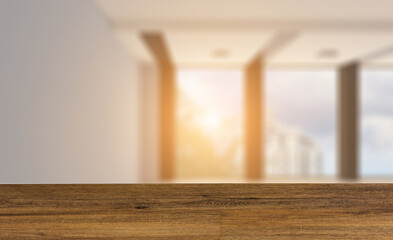 Elegant office interior. Mixed media. 3D rendering.. Sunset.. em. Background with empty wooden table. Flooring.