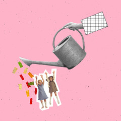 Contemporary art collage. Conceptual image with watering can throwing jelly candies on playful...