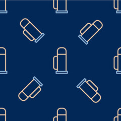 Line Thermos container icon isolated seamless pattern on blue background. Thermo flask icon. Camping and hiking equipment. Vector