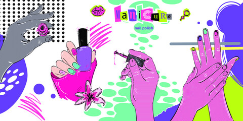 Vector abstract illustration of female hands. Manicure.
