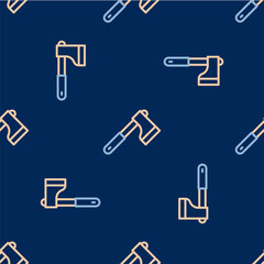 Line Wooden axe icon isolated seamless pattern on blue background. Lumberjack axe. Vector