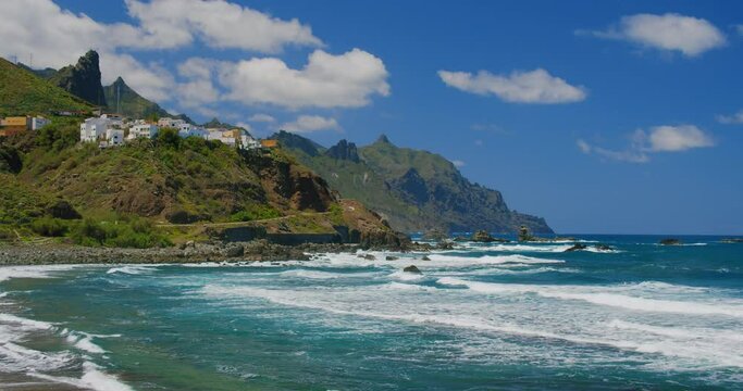 Almaciga beach and village on the north of Tenerife. Rocky coast and sand beach, near to playa de Benijo, Spain.
