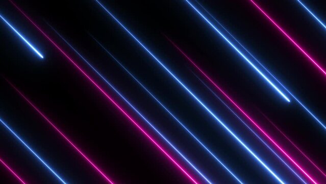 Neon light abstract background motion. 3d futuristic purple blue glow led lines move on black background. Show, party, stage, presentation concept.