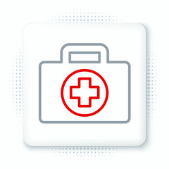 Obraz premium Line First aid kit icon isolated on white background. Medical box with cross. Medical equipment for emergency. Healthcare concept. Colorful outline concept. Vector