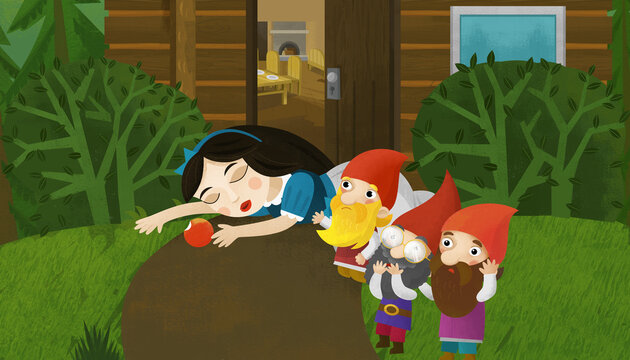 cartoon scene with dwarfs and princess near house
