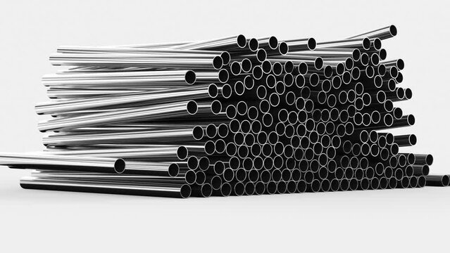 Close-up of metal pipes on a white background. A pile of iron pipes isolated on a white background. 3d rendering Animation