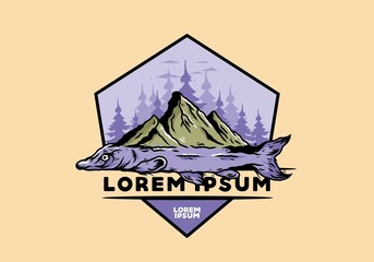 Arapaima fish and mountain illustration