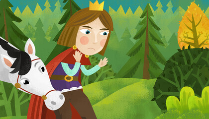 cartoon scene prince on the horse forest illustration