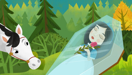 cartoon princess sleeping in the forest illustration