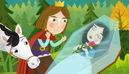 cartoon prince near sleeping princess illustration