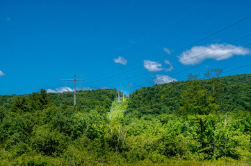 Fototapeta na wymiar Power lines cross a field and blue sky. The area where power lines go through woods also serves as a fire break.