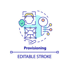 Provisioning concept icon. Management of identities abstract idea thin line illustration. Assigning permissions to users. Isolated outline drawing. Editable stroke. Arial, Myriad Pro-Bold fonts used