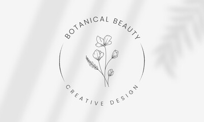 Botanical Floral element Hand Drawn Logo with Wild Flower and Leaves. Logo for spa and beauty salon, boutique, organic shop, wedding, floral designer, interior, photography, cosmetic.