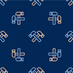Obraz premium Line Crossed hammer icon isolated seamless pattern on blue background. Tool for repair. Vector