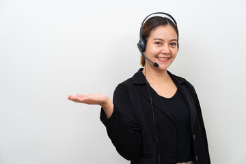 Asian women customer service with headphone and hand present on white background