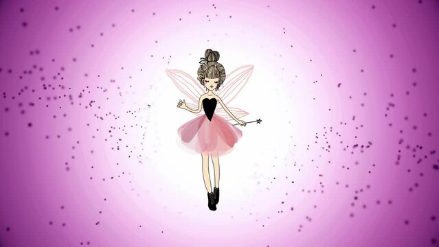 Flying fairy on an animated pink screen. Cartoon.