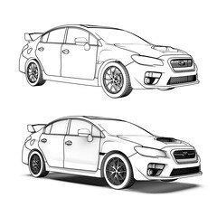 Contour drawing of the car. Coloring page for drawing. Black contour sketch illustrate isolated on white background