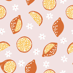 Seamless pattern made with cute lemons and botanical details. Simple fruit print. Scandinavian style, naive vibes.