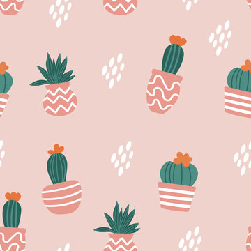 Seamless pattern made with cute cacti in pink pots. Light blue background, white spots.