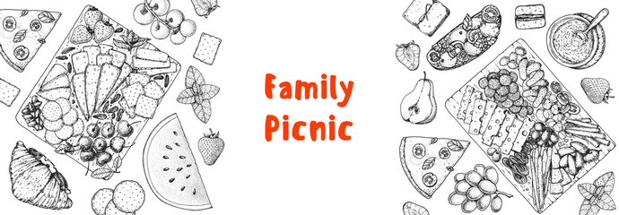 Picnic food top view. Hand drawn vector illustration. Food and drink sketch. Antipasti, pizza, sandwich, fruits, snacks for lunch or dinner. Summer Food top view frame.