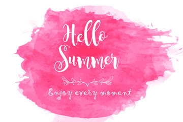Naklejka na ściany i meble Hello Summer hand drawn lettering short phrase isolated on white.Red watercolor painted round spot that is suitable for the logo background. 