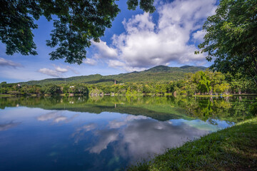 View of pond and trees with mirror reflection in calm water surface and clear blue sky background. Ang kaew is a public resting place in Chiang Mai University, Thailand