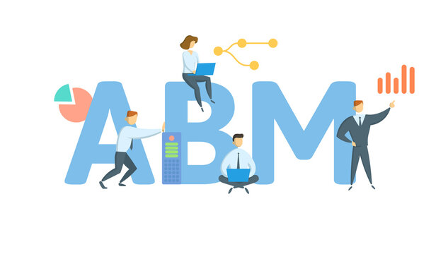 ABM, Activity Based Management. Concept with keyword, people and icons. Flat vector illustration. Isolated on white.