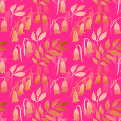Seamless pattern of Leaves and flowers painted with watercolors on a pink fuchsia background. For fabric, sketchbook, wallpaper, wrapping paper.