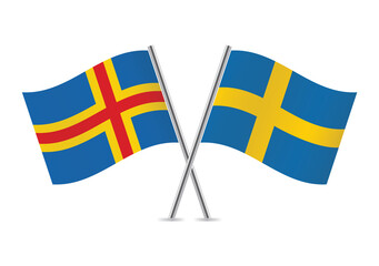 Aland Islands and Sweden crossed flags. Aland and Swedish flags on white background. Vector icon set. Vector illustration. 