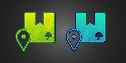 Green and blue Location with cardboard box icon isolated on black background. Delivery services, logistic and transportation, distribution. Vector