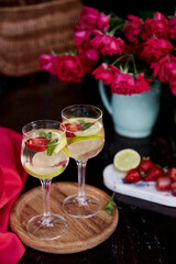 Detox water, infused healthy drinks. Bright summer healthy natural summer cocktails. Refreshing, diet, natural water. Summertime aesthetic