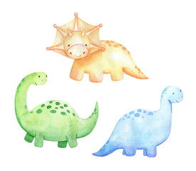 Set of Cute little baby dinosaur barosaurus and Triceratops. Watercolor drawing illustration isolated on white background. © Elena