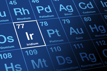 Iridium on periodic table. Chemical element with symbol Ir, named after Greek goddess Iris, and with atomic number 77. Hard, brittle transition and most corrosion resistant metal, used in electronics.
