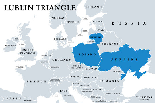 Lublin Triangle, political map. Alliance of the three European countries Lithuania, Poland and Ukraine for strengthening mutual cooperation and supporting the integration of Ukraine into  EU and NATO.