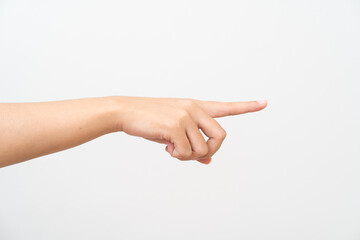 Women hand pointing on white background