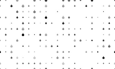 Seamless background pattern of evenly spaced black Christmas tree toys of different sizes and opacity. Vector illustration on white background