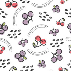 Seamless cartoon patterns with cherry, grape, blueberry fruit and green leaves on white background, vector illustration.