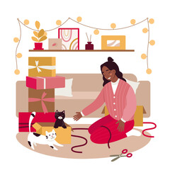 Scene of girl packing gifts with her cats. Playing funny pets, petting kitten, cozy home interior, animal care and friendship, handmade wrapping boxes, holiday time vector illustration