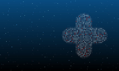 On the right is the quatrefoil symbol filled with white dots. Background pattern from dots and circles of different shades. Vector illustration on blue background with stars