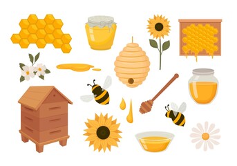 apiary. wax comb bee home flowers apiary tools and healthy eco products. Vector cartoon pictures set - obrazy, fototapety, plakaty