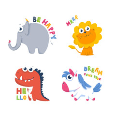 Collection of cute animal characters with quotes for print,