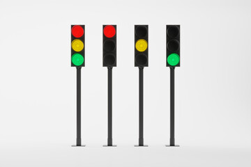 set of four traffic lights with signals of different colors isolated on white background. Mock-up...