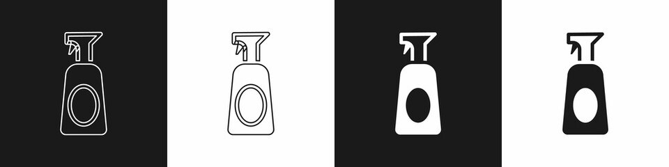 Set Cleaning spray bottle with detergent liquid icon isolated on black and white background. Vector