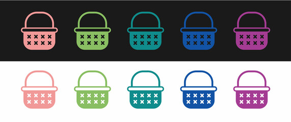 Set Wicker basket icon isolated on black and white background. Vector